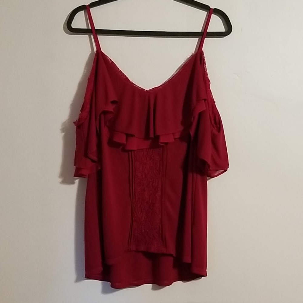Red, off the shoulder shirt